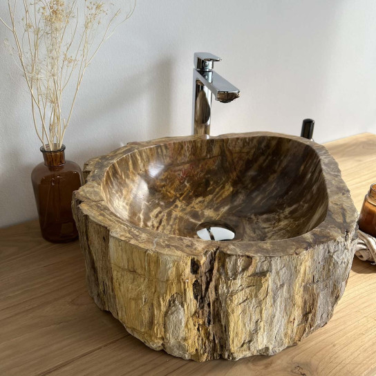 Beige/brown petrified petrified wood bathroom sink with black interior 50 cm