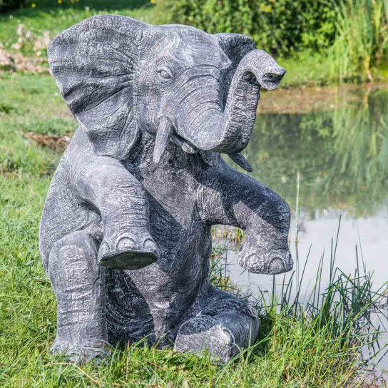 Black and grey weathered-finish seated elephant statue 95 cm