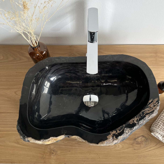 Black petrified fossil wood countertop bathroom sink