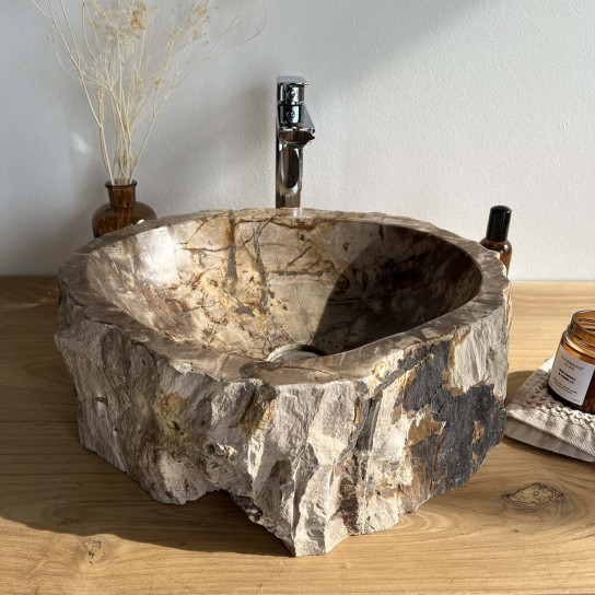 Brown petrified fossil wood countertop bathroom sink