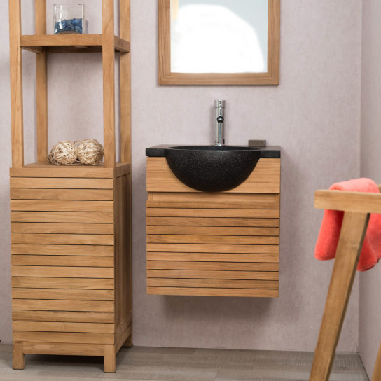 Contemporary teak bathroom vanity unit 50 with black sink