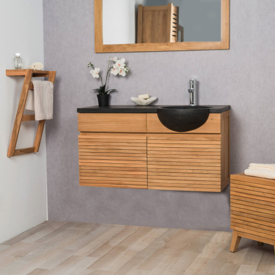 Contemporary teak wall-mounted bathroom vanity unit 100 with black sink