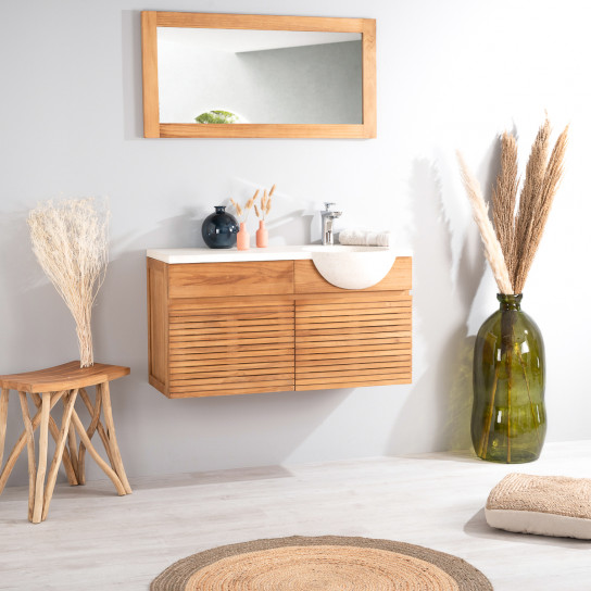 Contemporary teak wall-mounted bathroom vanity unit 100 with cream sink