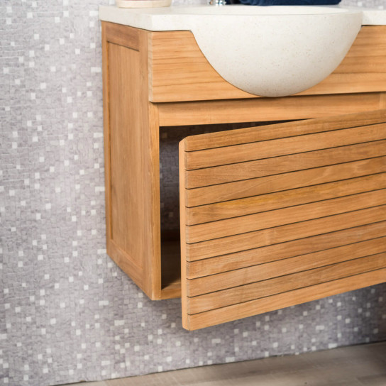 Contemporary teak wall-mounted bathroom vanity unit 50 with cream sink
