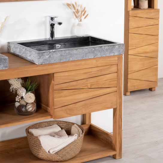 Cosy solid teak double-sink vanity unit 160 cm + 2 black sinks