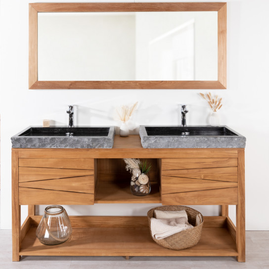 Cosy solid teak double-sink vanity unit 160 cm + 2 black sinks