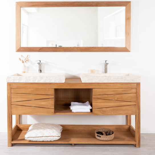 Cosy solid teak double-sink vanity unit 160 cm + 2 cream sinks