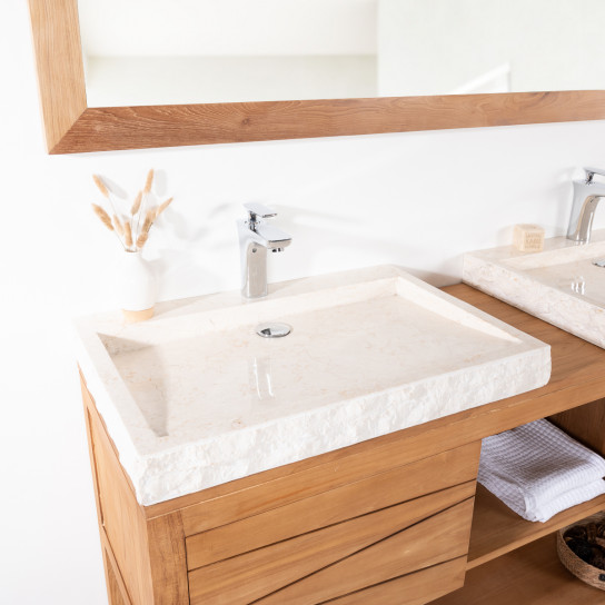 Cosy solid teak double-sink vanity unit 160 cm + 2 cream sinks