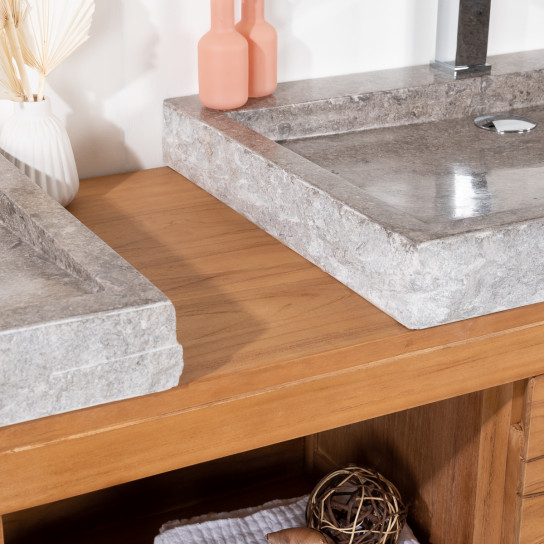 Cosy solid teak double-sink vanity unit 160 cm + 2 grey sinks
