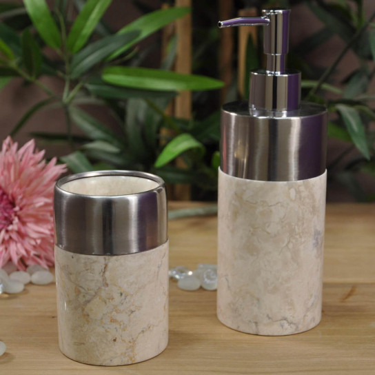 Cream marble and stainless steel toothbrush holder