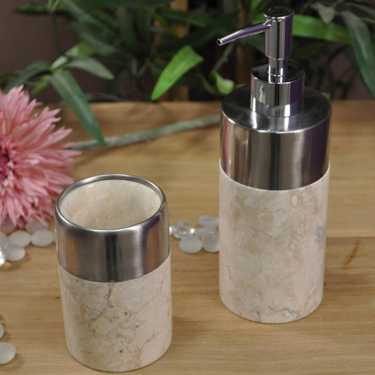 Cream marble and stainless steel toothbrush holder