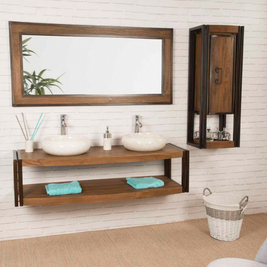 Elegance teak and metal double-sink wall-mounted vanity unit 145 cm