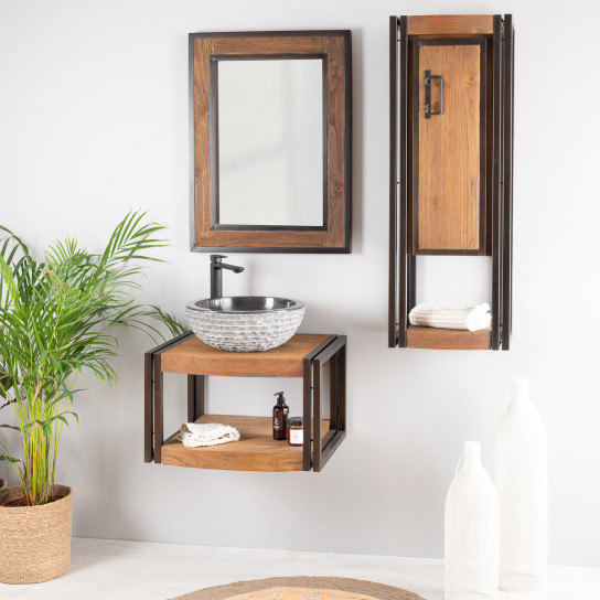 Elegance teak and metal wall-mounted bathroom storage unit 110 cm
