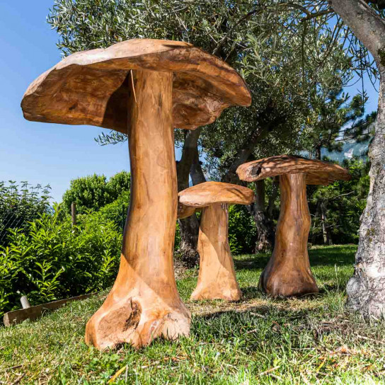 Garden decorative teak mushrooms set
