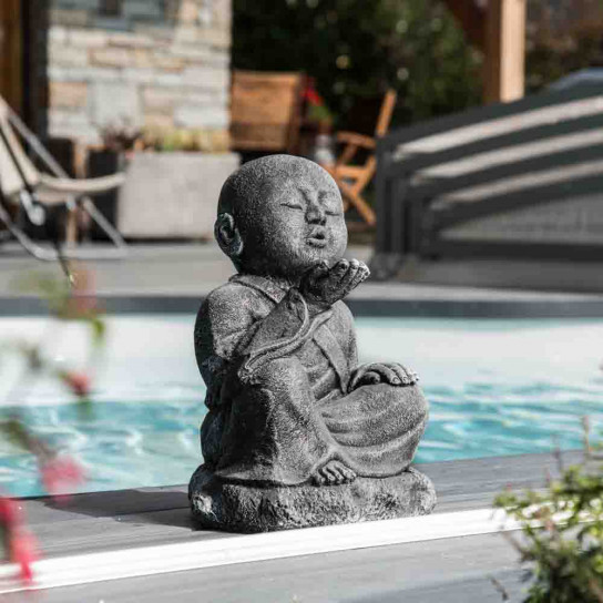 Grey weathered-finish happy shaolin monk garden statue 40 cm