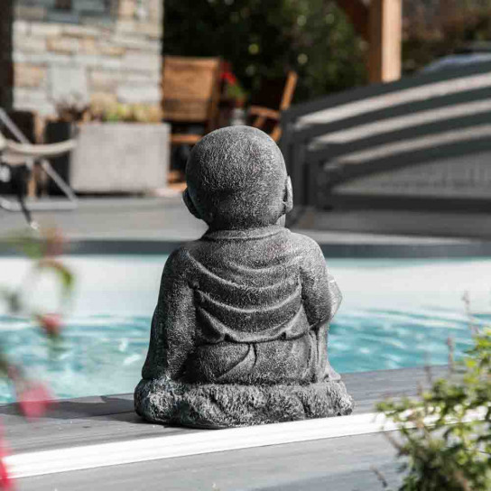 Grey weathered-finish happy shaolin monk garden statue 40 cm