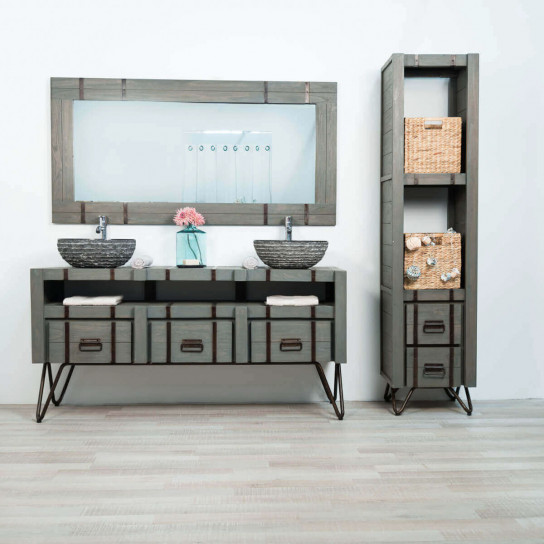 Loft grey mindi and metal bathroom double-sink vanity unit 160 cm