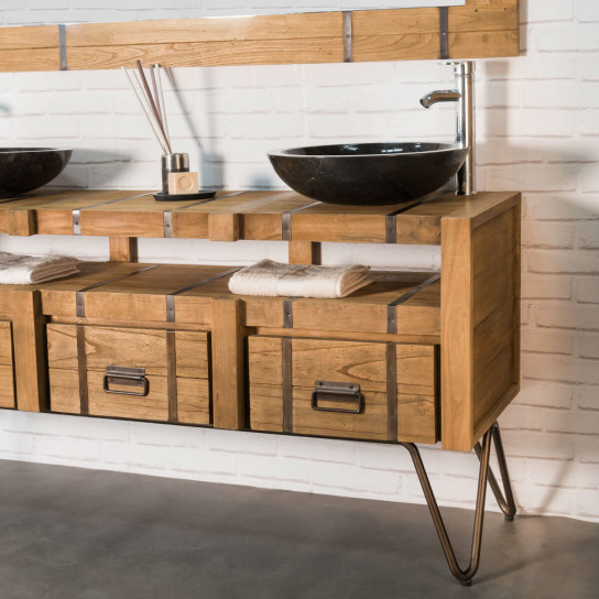 Loft natural mindi and steel double-sink vanity unit 160