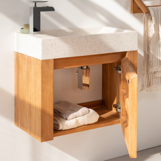 Luxury wall-mounted cream hand basin and teak unit 60