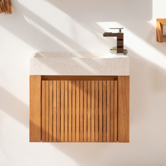 Luxury wall-mounted cream hand basin and teak unit 60