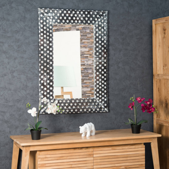Polka dot white ceruse weathered-finish wood mirror 70 x 100