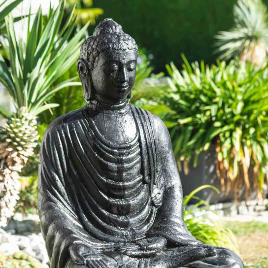 Seated buddha black weathered-finish garden water feature 120 cm
