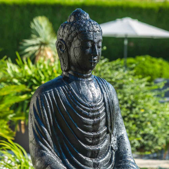 Seated buddha black weathered-finish garden water feature 120 cm