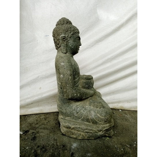Seated buddha volcanic rock garden statue offering pose bowl 50 cm