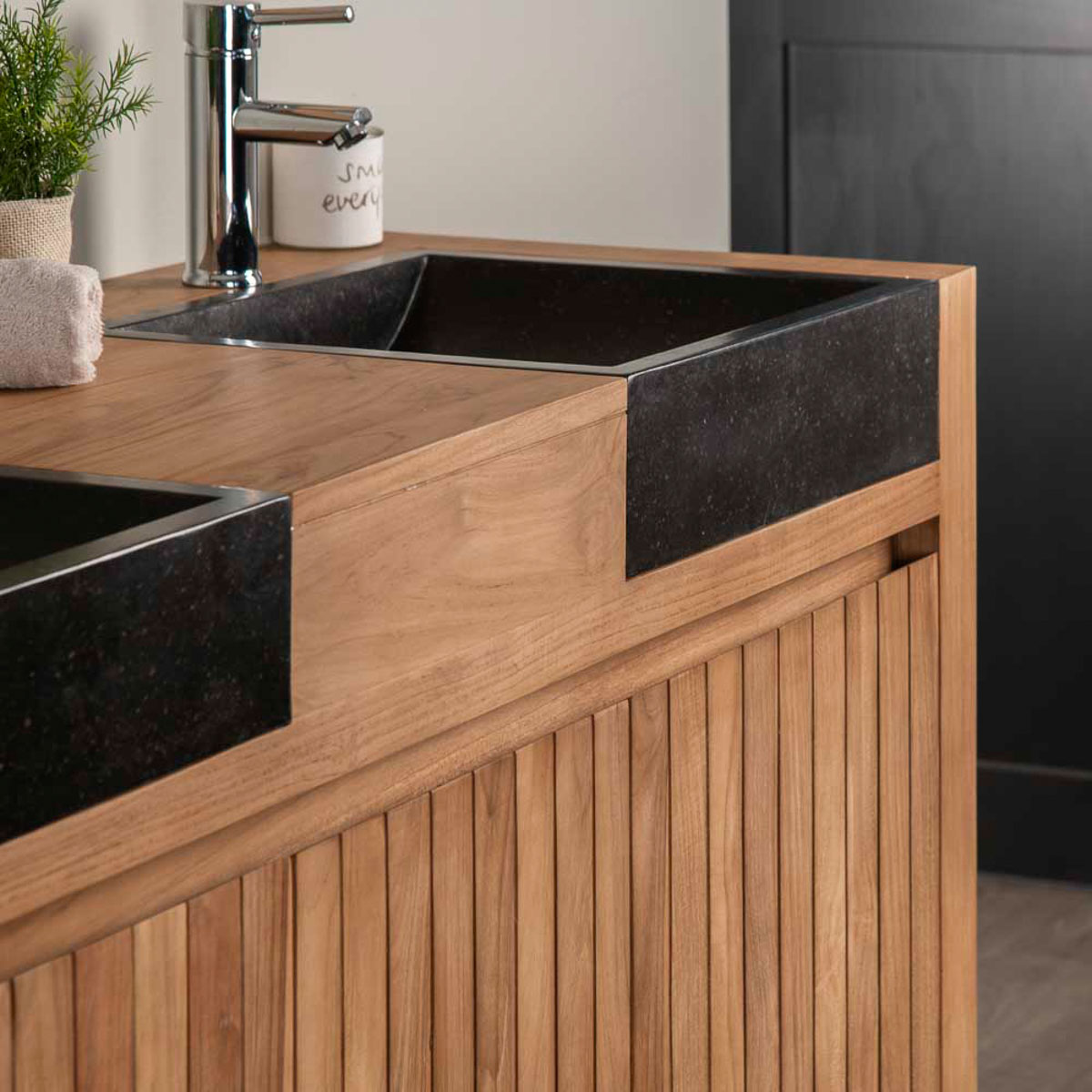 Solid wood (teak) vanity unit (double-sink) + 2 terrazzo ...