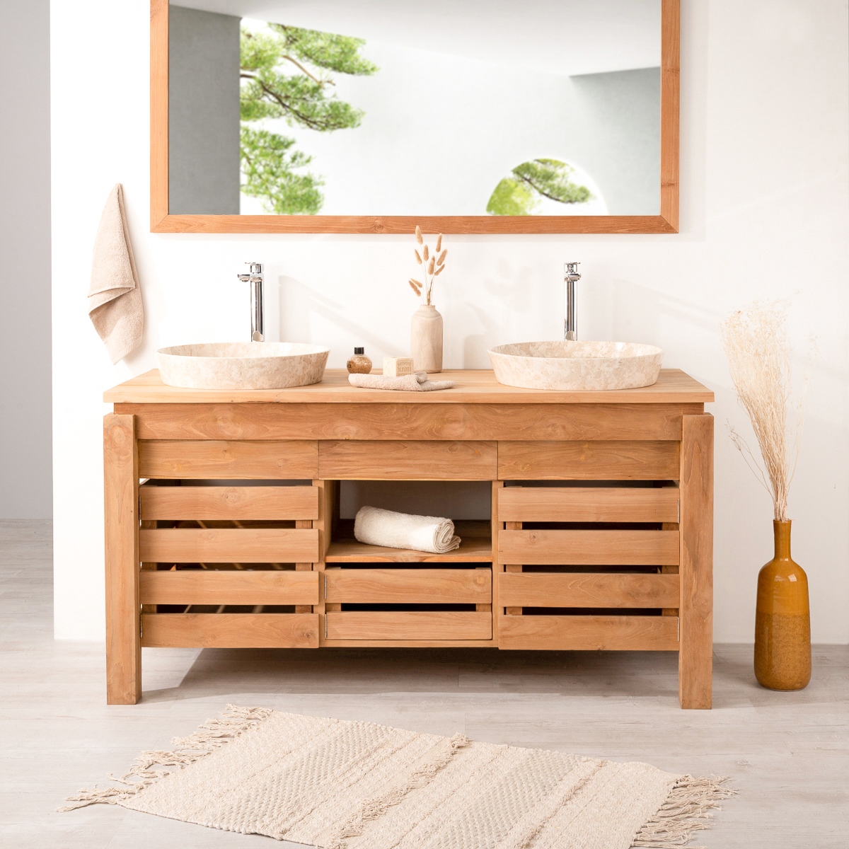 Solid Wood Teak Vanity Unit Double Sink Zen Rectangular Natural L 145 Cm